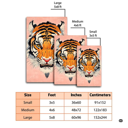 Dimensions and sizing chart for blush pink stylized tiger face area rug - thumbnail image 2 of 8