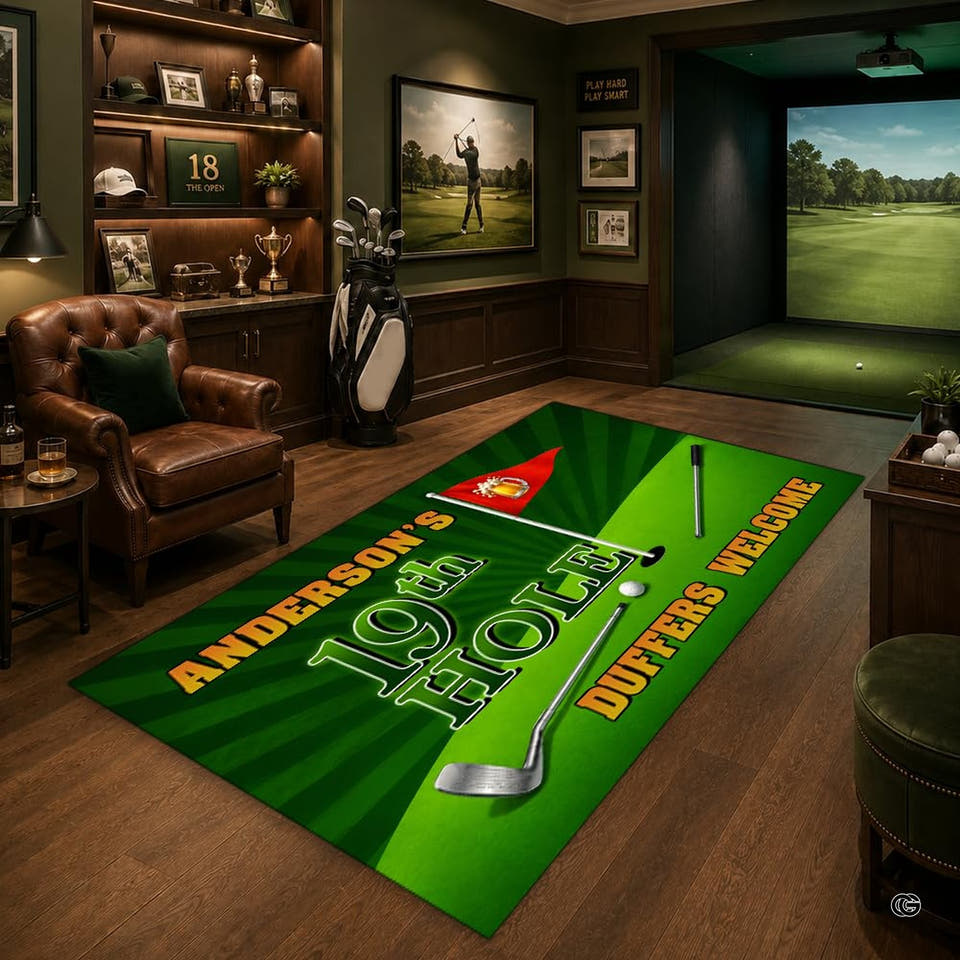 Golf inspired area rug displaying iron club and fairway pin flag graphics in an entertainment lounge.
