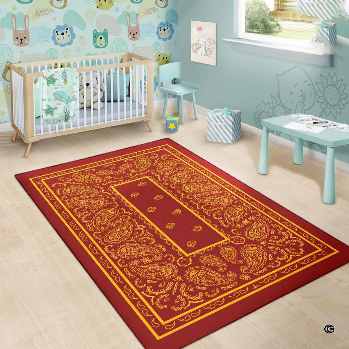 Bright contemporary sitting room interior showcasing the maroon bandana print area rug - image 6 of 9