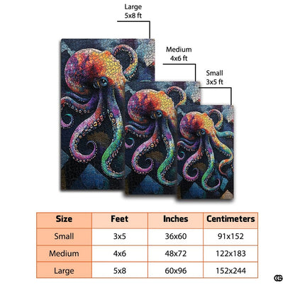 Dimensions and sizing chart for rainbow puzzle octopus living room area rug - thumbnail image 2 of 7