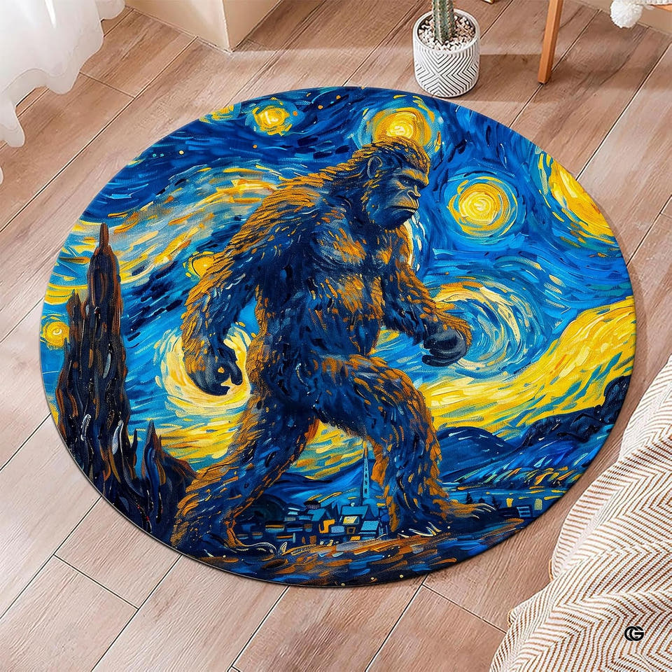 Starry Night Bigfoot impressionist circular area rug in primary perspective