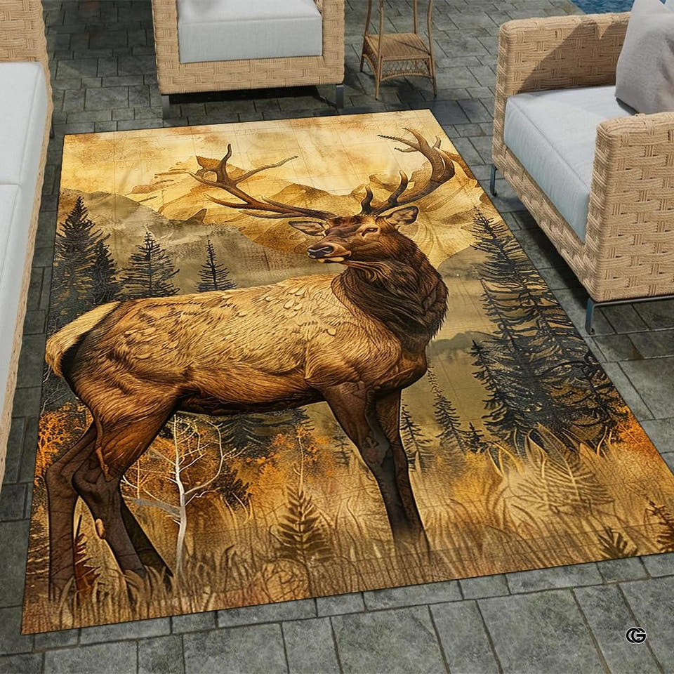 Vintage bull elk mountain forest rectangular area rug in top overhead view