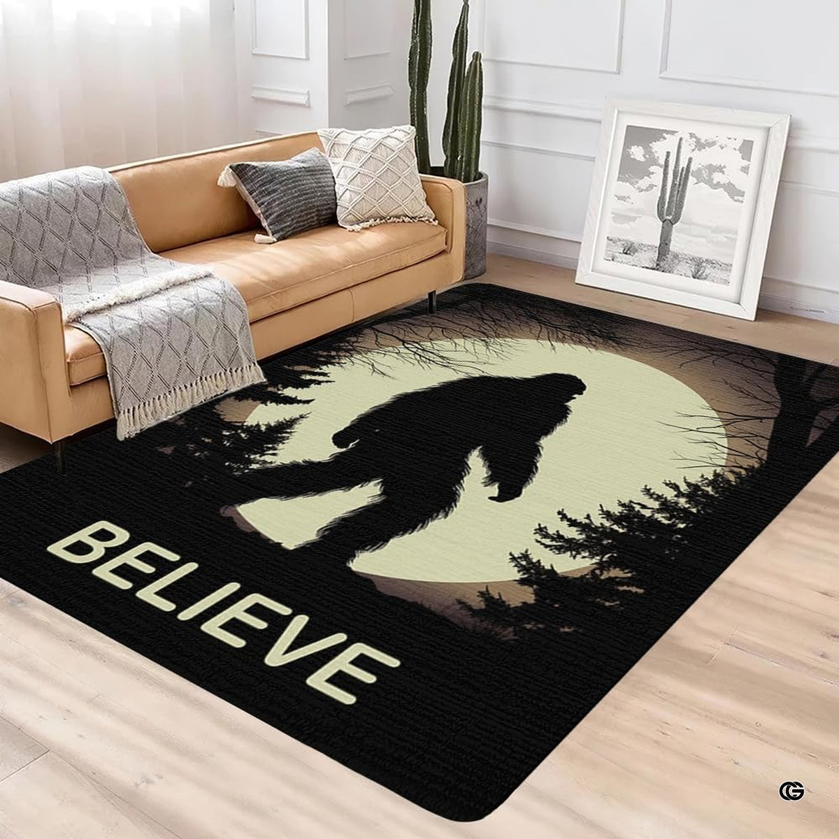 Woodland Sasquatch night scene floor rug styled beneath modern nursery room furniture.