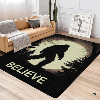 Woodland Sasquatch night scene floor rug styled beneath modern nursery room furniture. - thumbnail image 4 of 5