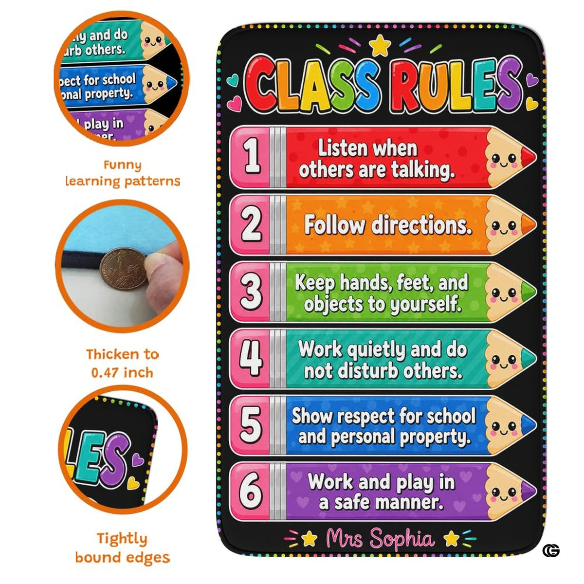 Detailed artwork perspective of kids classroom mat displaying vivid eraser bands and dotted border trim. - image 6 of 7