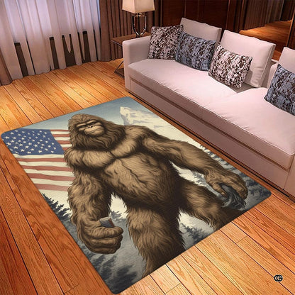 Vintage style patriotic Sasquatch floor rug styled inside a rustic cabin living space. - thumbnail image 3 of 5