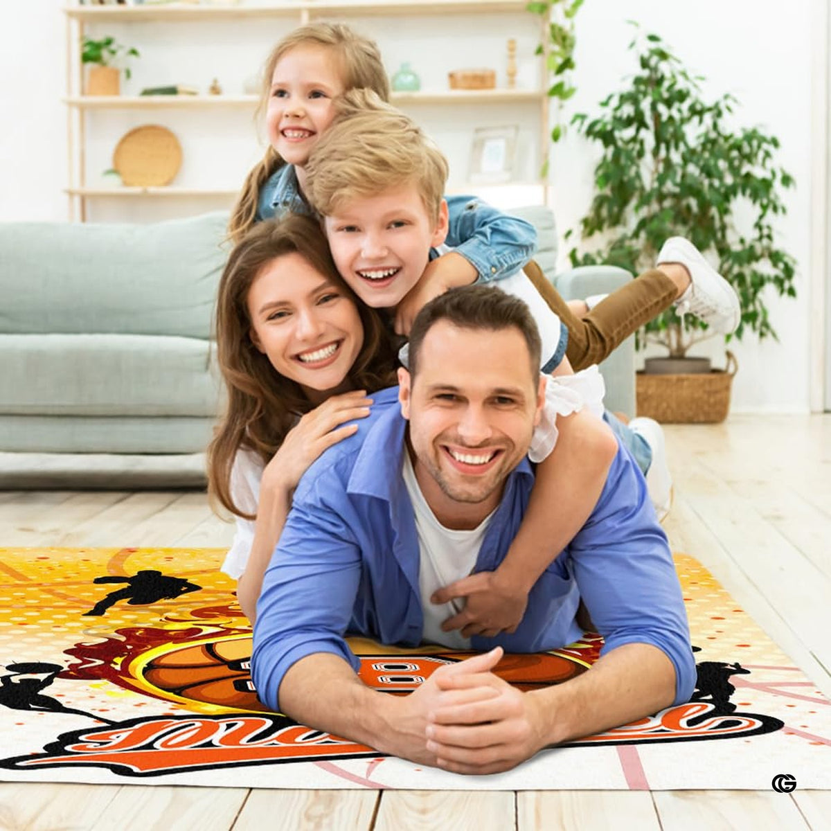 Lifestyle living room scene featuring family lounging on flaming basketball area rug.