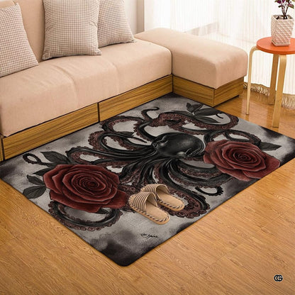 Detailed floral illustration with black tentacles across an artistic floor rug. - thumbnail image 3 of 7