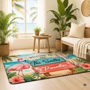 Personalized Tropical Beach Rug, Custom Family Name Tropical Outdoor Rug, Flamingo Surfboard Ocean Area Rug for Living Room, Patio, Beach House Decor, Design 08