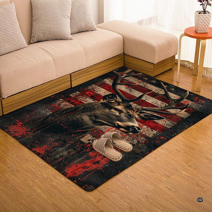 Stag deer hunting area rug displayed beside living room couch and side table. - thumbnail image 7 of 7