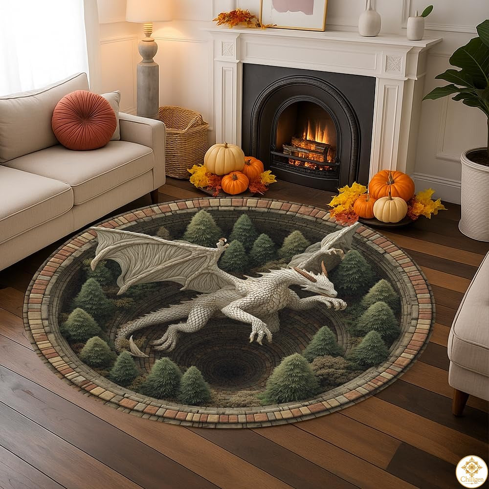 Personalized Dragon Round Rug with 3D Effect and Non-Slip Back