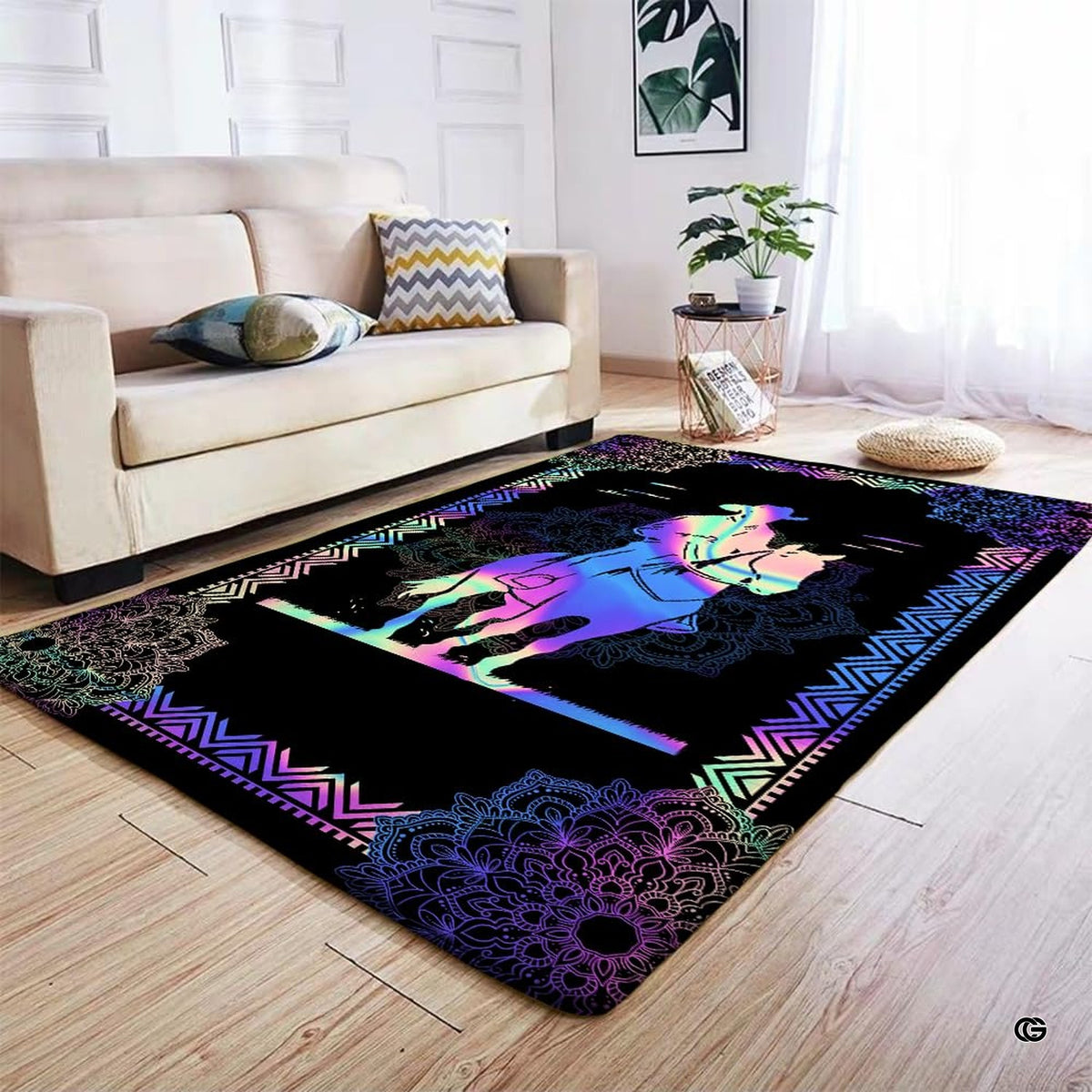 Anti-slip dot backing and clean hemmed edge stitching on cowboy mandala rug