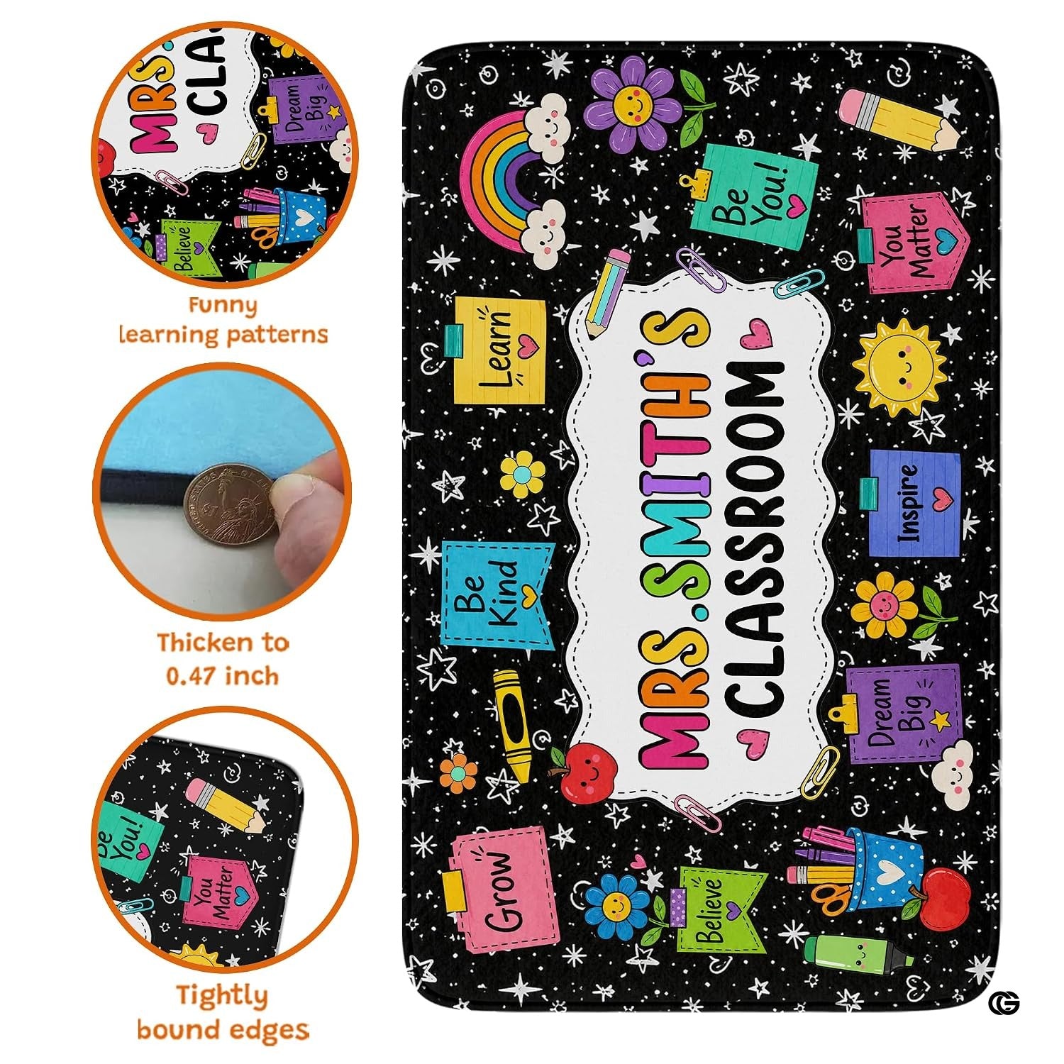 Personalized Teacher Classroom Rug, Custom Back to School Welcome Mat with Name, Kindergarten Preschool Elementary Decor, Composition Notebook Carpet (A04)