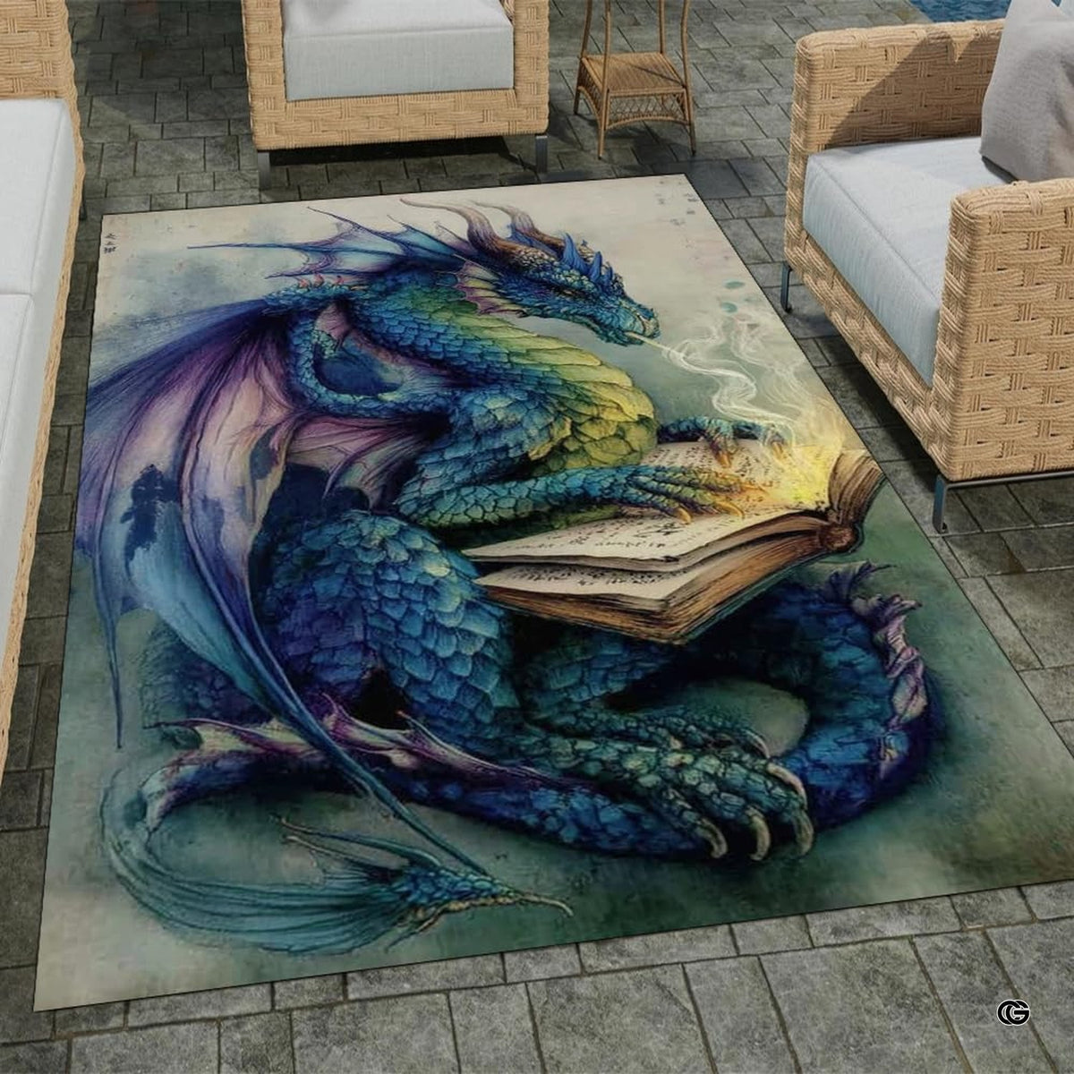 Blue and purple fantasy dragon reading an ancient tome while breathing magical wisps of smoke area rug. - image 1 of 8