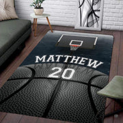Basketball area rug displaying dark wood plank graphics and textured ball artwork in a sports themed bedroom. - thumbnail image 1 of 7