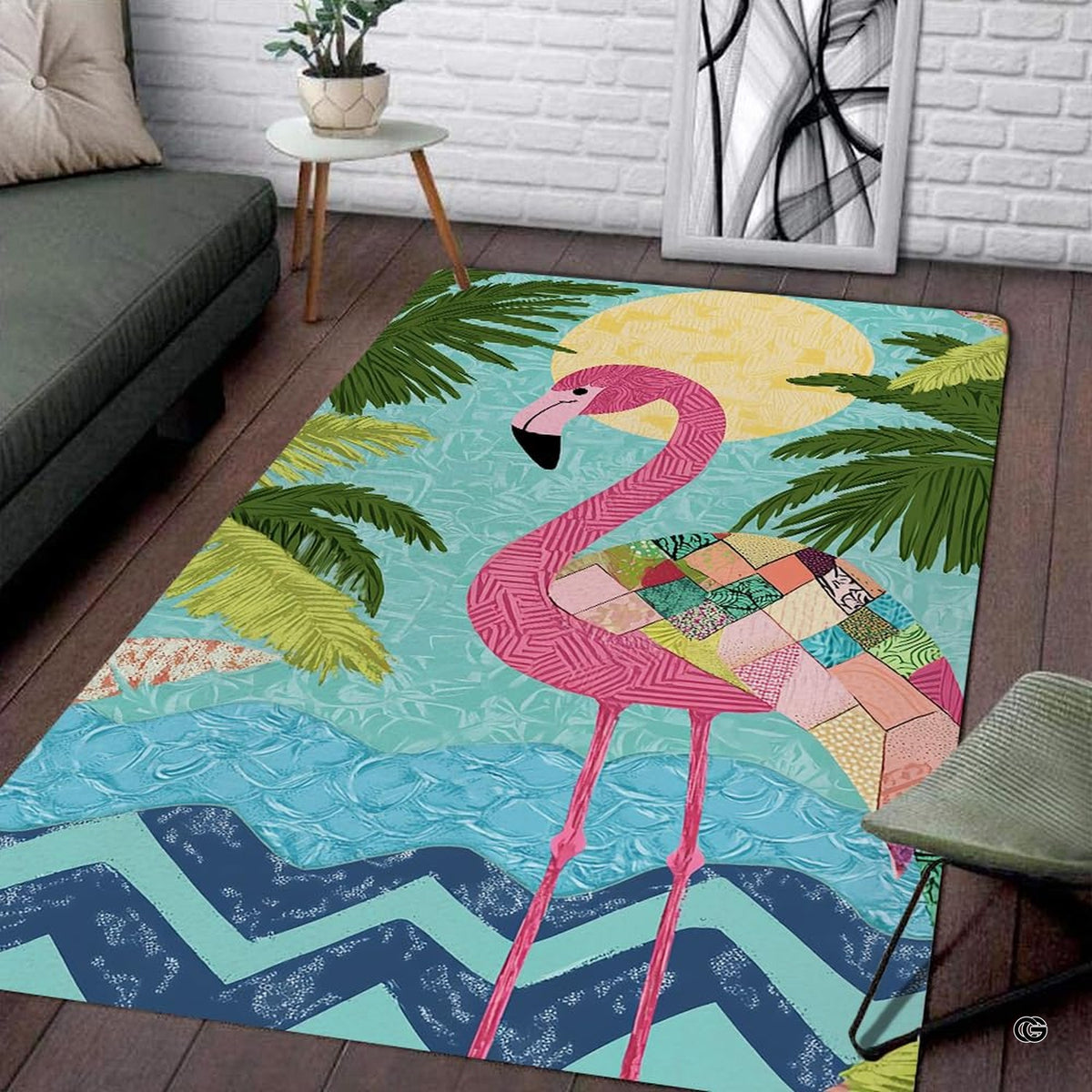 Tropical floor rug showcasing an artistic pink flamingo with patchwork wings, lush palm fronds, and a yellow sun.