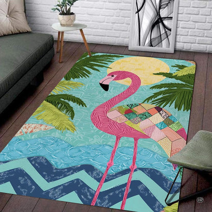 Tropical floor rug showcasing an artistic pink flamingo with patchwork wings, lush palm fronds, and a yellow sun. - thumbnail image 1 of 7