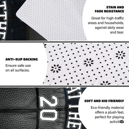 Angled view showing dark charcoal wood plank texture graphic across a sports themed bedroom area rug. - thumbnail image 6 of 7