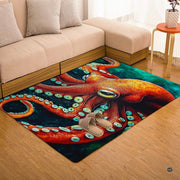 Vivid orange kraken octopus ocean floor rug placed in seaside bedroom setting - thumbnail image 7 of 7