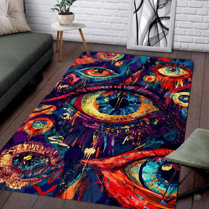 Surreal eye art pink psychedelic area rug showcasing colorful dripping paint splatters in a living space. - thumbnail image 1 of 8