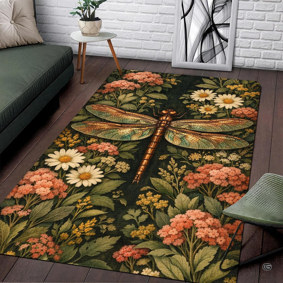Vintage dragonfly botanical garden tapestry floral area rug in primary perspective