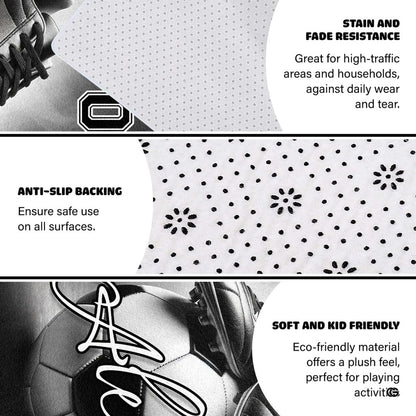 Monochrome soccer area rug styled on patio stone floor between outdoor seating. - thumbnail image 4 of 8