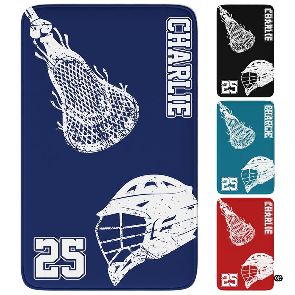 Lacrosse helmet and stick graphic displayed on a navy blue athletic area rug