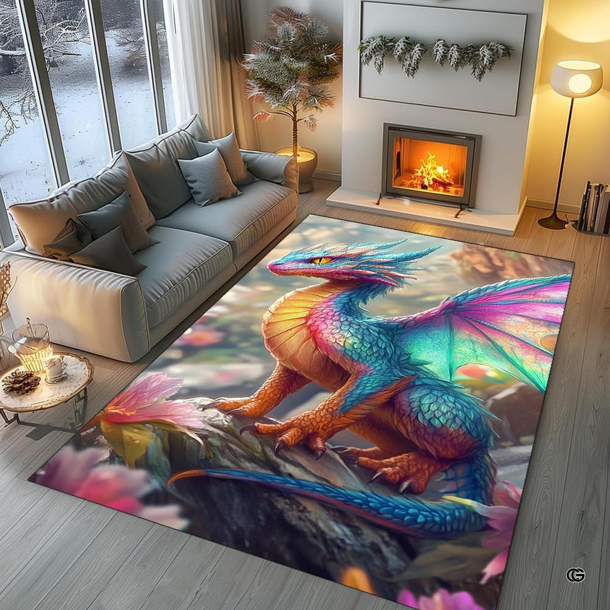 Artistic floor placement showing colorful turquoise dragon motifs accenting contemporary interior home styling. - image 5 of 7