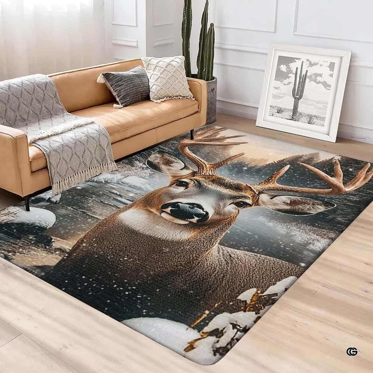 Winter stag motif area rug styled beside a stone fireplace in a decorative accent mountain lodge interior.