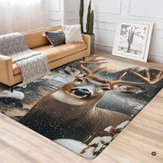 Winter stag motif area rug styled beside a stone fireplace in a decorative accent mountain lodge interior. - thumbnail image 3 of 5