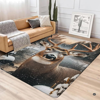 Winter stag motif area rug styled beside a stone fireplace in a decorative accent mountain lodge interior. - thumbnail image 3 of 5