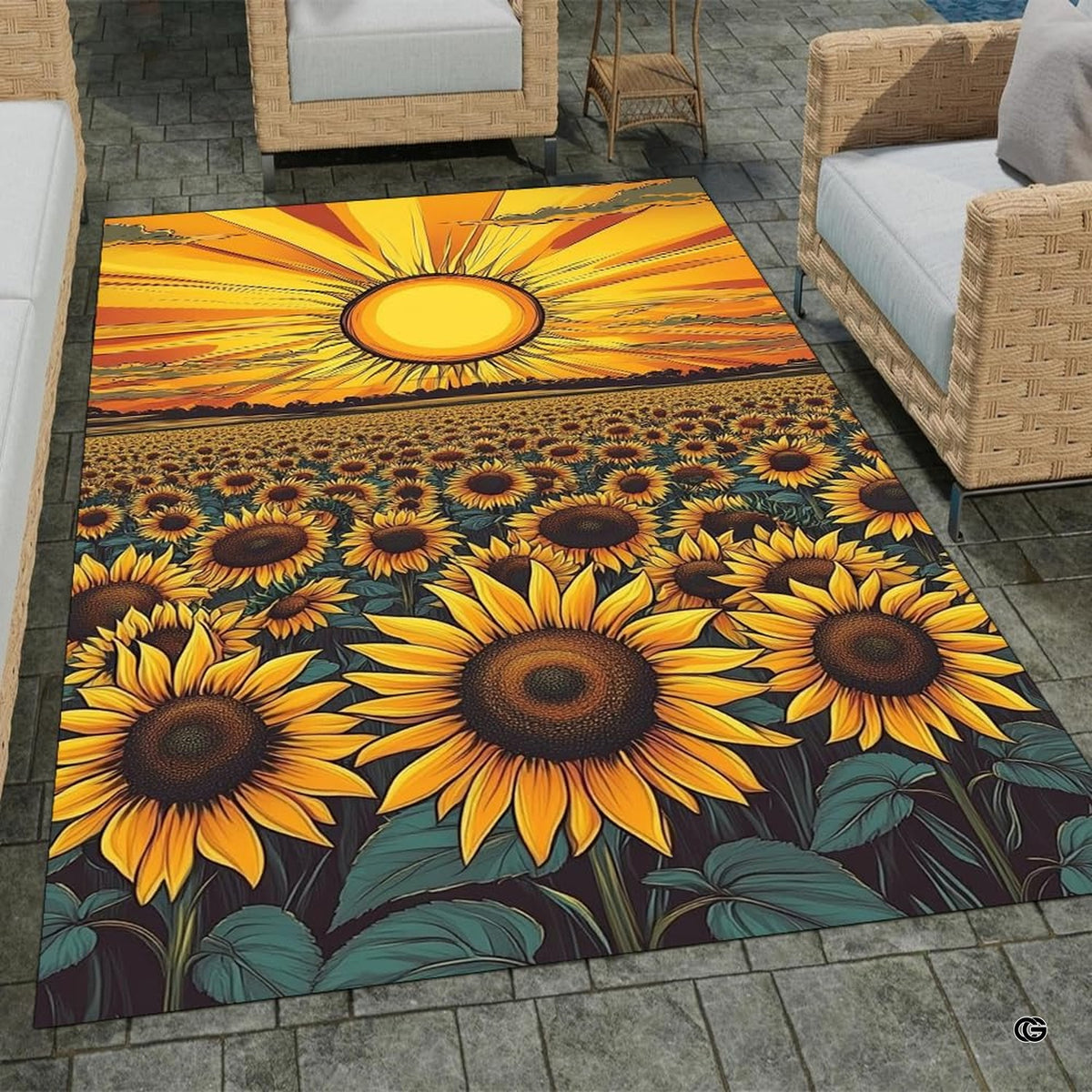 Stone patio setting featuring a sunflower sunset field botanical floral area rug - image 1 of 8