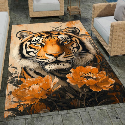 Home lounge arrangement displaying the floral tiger portrait accent rug - thumbnail image 7 of 8