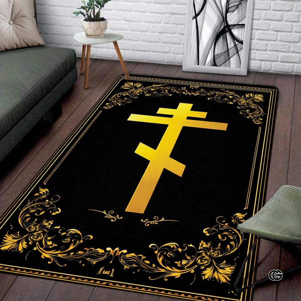 Personalized Orthodox Christian Area Rug, Custom Eastern Orthodox Russian Greek Byzantine Non-Slip Rug for Women Men, IC XC Nika Cross Mat for Living Room, Bedroom, Church Decor (D3)