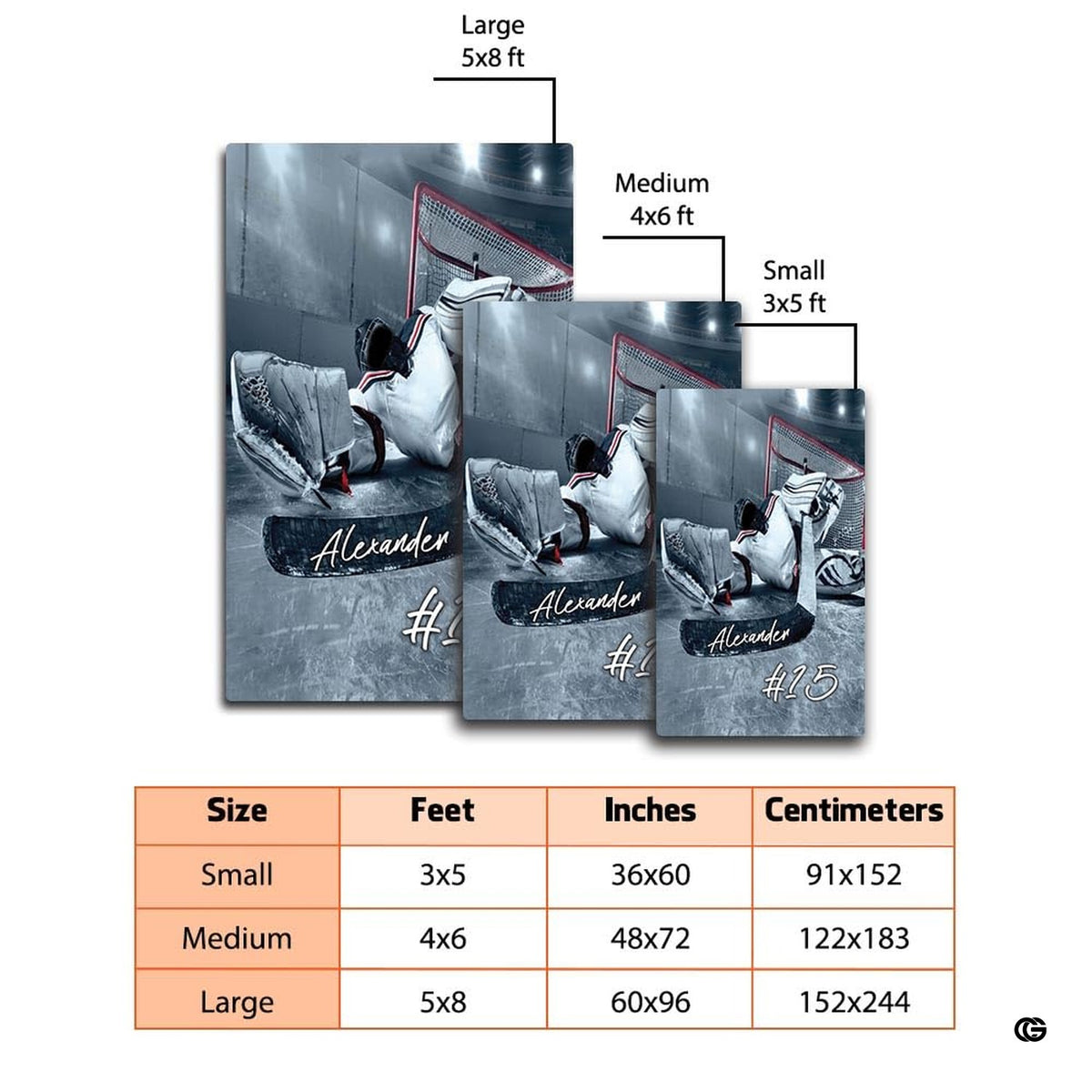 Hockey goalie area rug showing leg pads, blocker, and stick on rink ice. - image 2 of 7