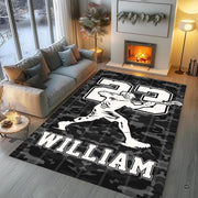 Lacrosse sports area rug featuring bold player graphic number 23 styled in modern bedroom layout. - thumbnail image 3 of 9