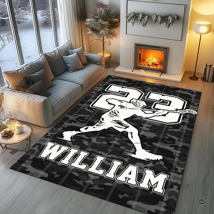 Lacrosse sports area rug featuring bold player graphic number 23 styled in modern bedroom layout. - thumbnail image 3 of 9