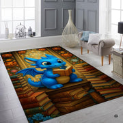 Adorable cute chibi blue baby dragon reading an open book seated on stacks of library books area rug. - thumbnail image 2 of 8