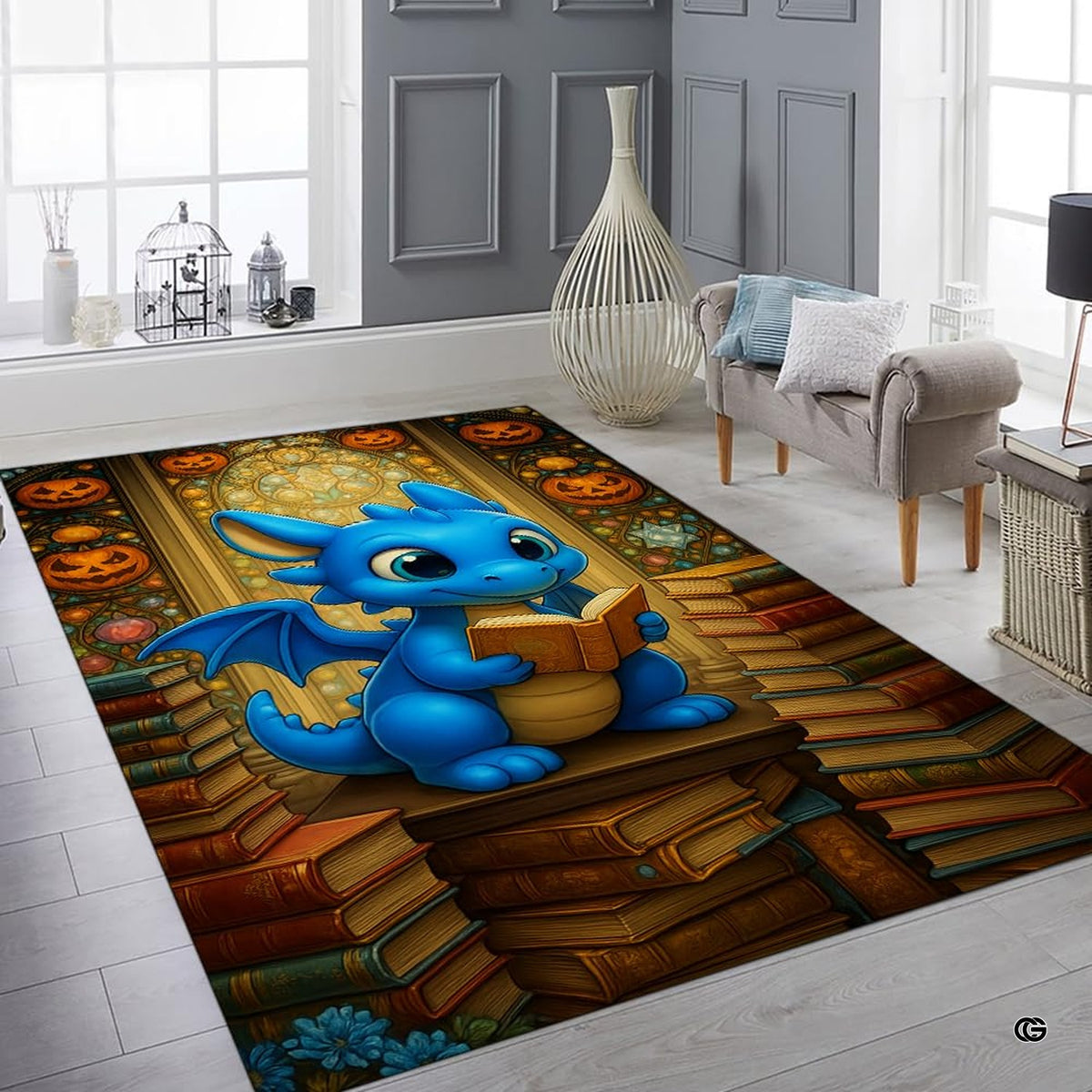 Adorable cute chibi blue baby dragon reading an open book seated on stacks of library books area rug. - image 2 of 8