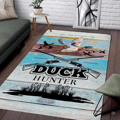 Rustic waterfowl theme area rug displaying flying mallard decorative accent on weathered wood planks. - thumbnail image 1 of 7