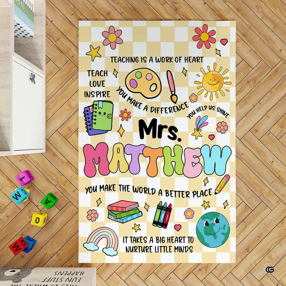 Classroom Area Rug in pastel checkered print with school books and smiling globe doodles.