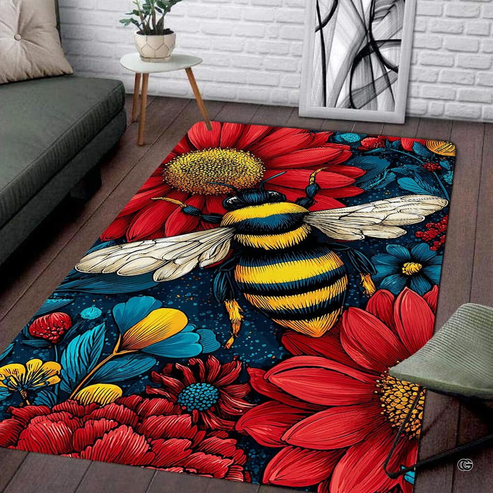 Vibrant bumblebee red floral botanical garden area rug in modern living room setting