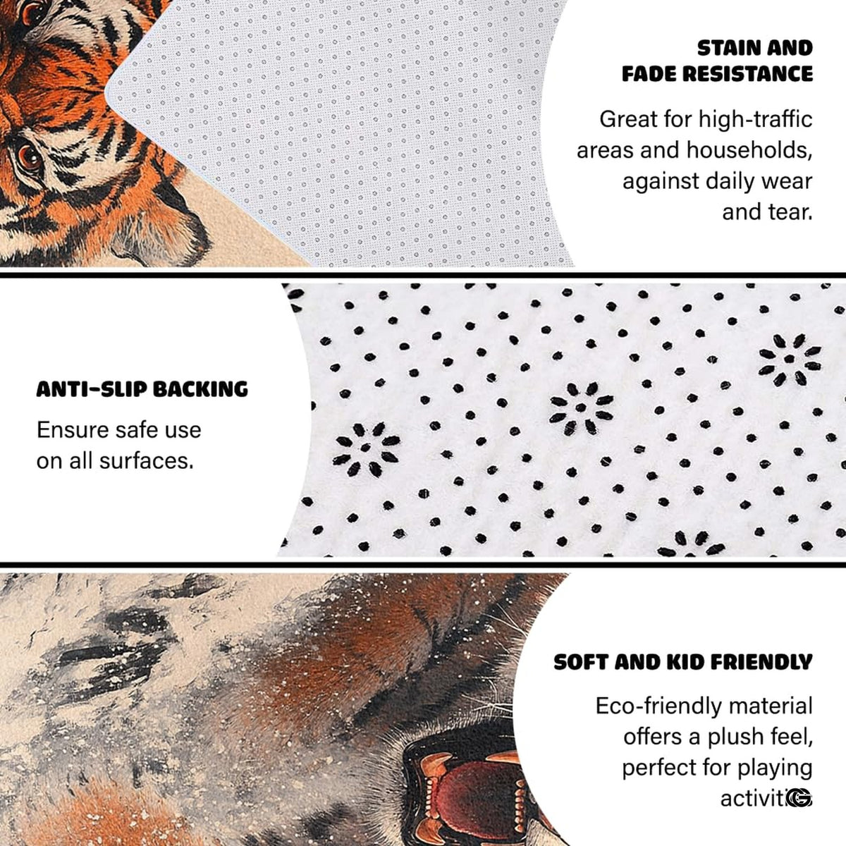 Non-slip grip backing and bound edge stitching on charging winter tiger rug
