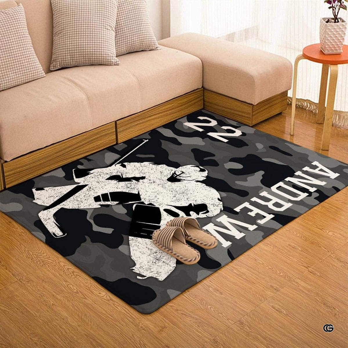 Urban camo hockey goalie sports floor rug placed in bedroom setting