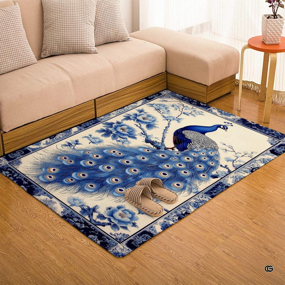 Decor setting showing the blue and white porcelain aesthetic rug beneath elegant contemporary room furnishings. - image 7 of 7