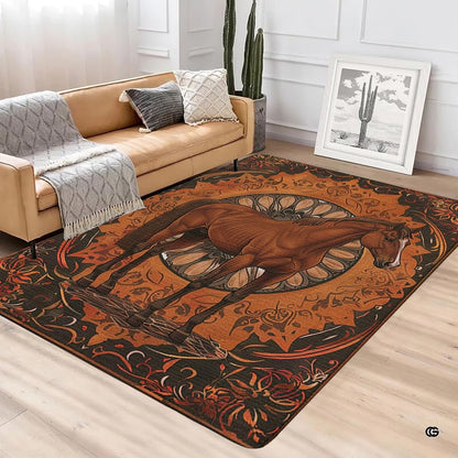 Dining room display showcasing horse area rug paired with wooden table, accentuating the floral scrollwork border. - thumbnail image 4 of 5