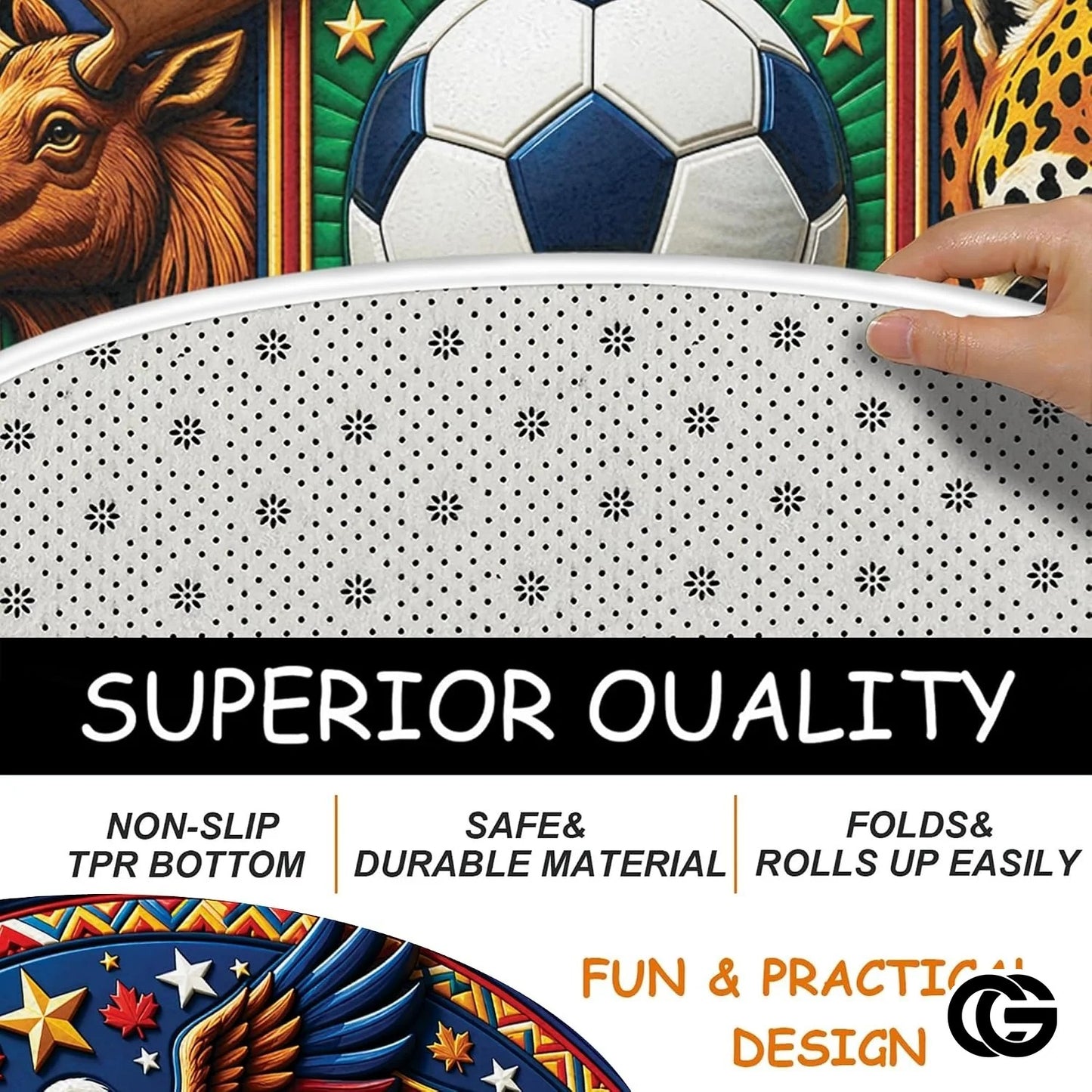 Custom Soccer Championship Round Rug with World Flags and Trophy