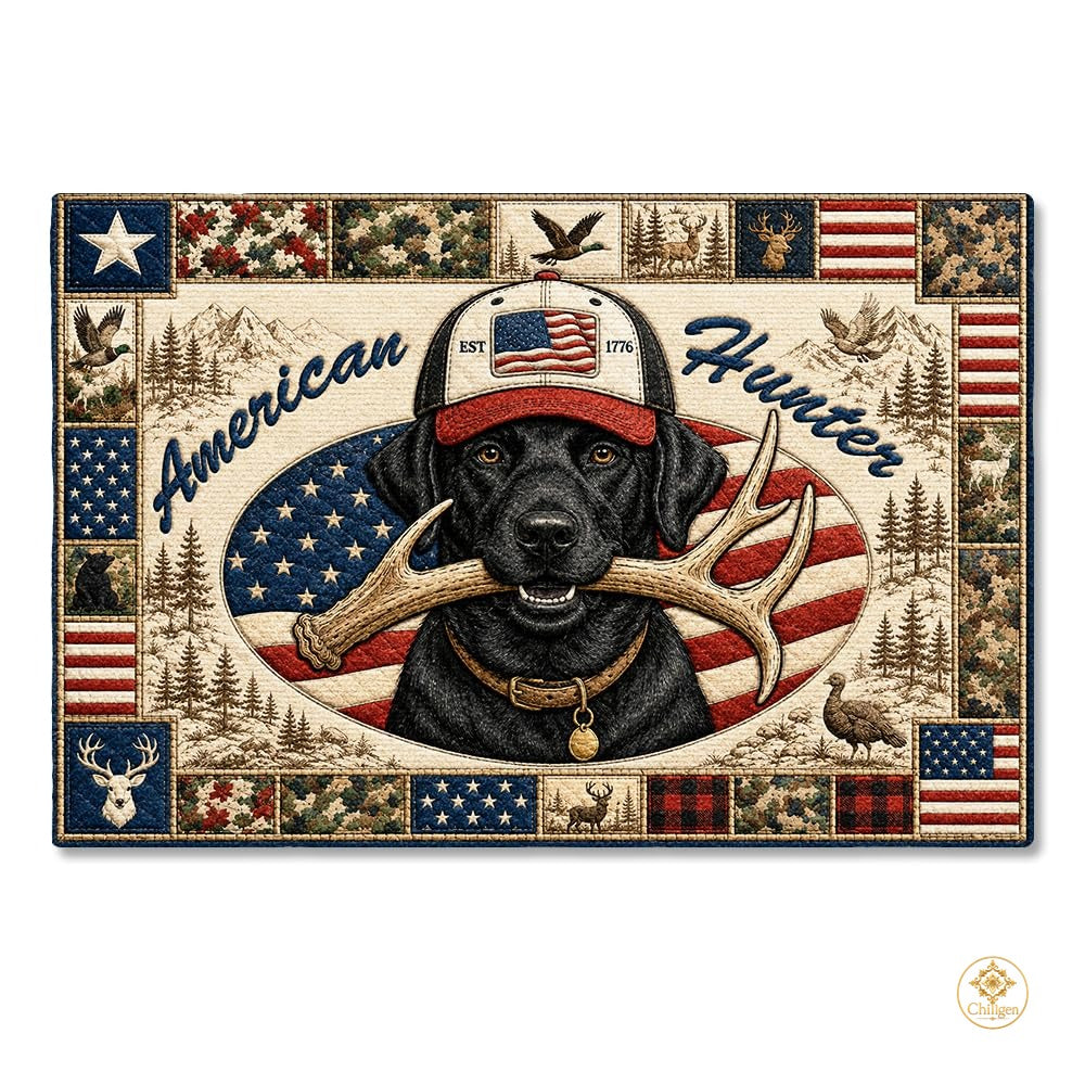 Personalized Family Name Doormat with Patriotic Hunting Art