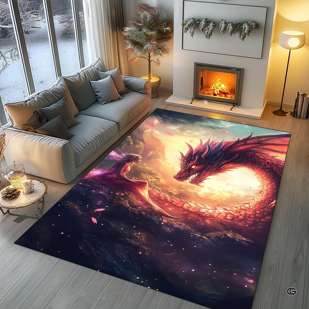 Bright sunroom setting with the fantasy dragon area rug centered on wooden flooring