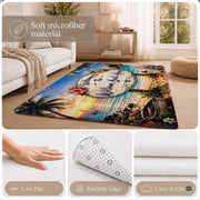 Personalized Tropical Beach Rug, Custom Family Name Tropical Outdoor Rug, Flamingo Surfboard Ocean Area Rug for Living Room, Patio, Beach House Decor, Design 06